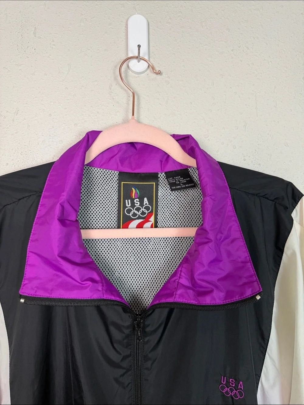 Vintage USA Olympics Windbreaker Jacket Large Black Purple Colorblock 90s